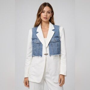 Women's White and Blue Blazer with Denim Accents